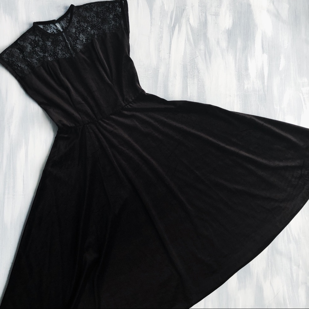 🟢 Holiday Dress 50s style Vintage Lace Velour Midi Black small 11 PBJ USA junior